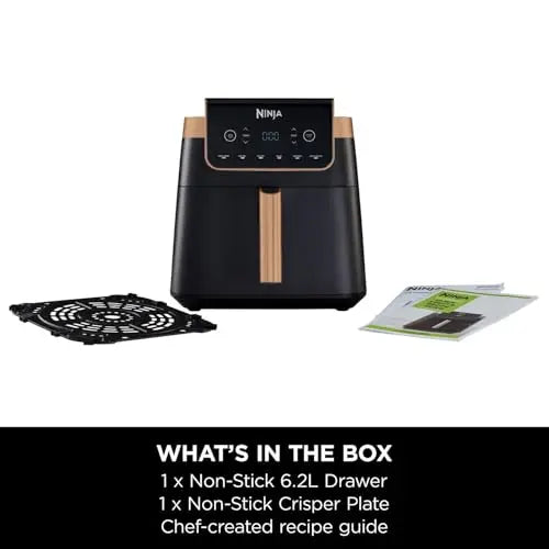 Ninja Air Fryer MAX PRO, 6.2L, Uses No Oil, Large Square Single Drawer, Roast, Bake, Air Fry, Family Size, Non-Stick, Dishwasher Safe Basket & Crisper Plate, Silicone Tongs, Black & Copper, AF180UKCP reviewed and rated by Make Life Easier Technologies