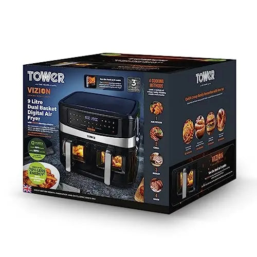 Tower, T17100, Vortx Vizion 9L Dual Basket Air Fryer with Digital control panel & 10 One-touch Pre-sets, Black reviewed and rated by Make Life Easier Technologies