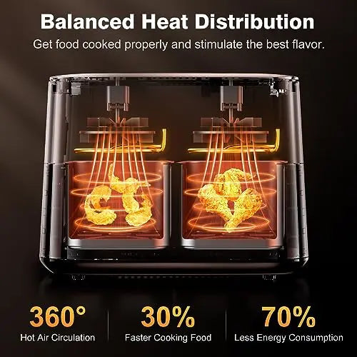 9L Dual Air Fryer with Visual Window, XL Capacity, 2 Drawers, 9-In-1 Cooking Presets, Touch Screen, Smart Finish, Timer Function, Dishwasher-Safe, Healthy Oil Free & Low Fat Cooking reviewed and rated by Make Life Easier Technologies