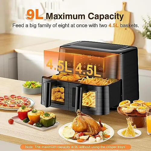 9L Dual Air Fryer with Visual Window, XL Capacity, 2 Drawers, 9-In-1 Cooking Presets, Touch Screen, Smart Finish, Timer Function, Dishwasher-Safe, Healthy Oil Free & Low Fat Cooking reviewed and rated by Make Life Easier Technologies