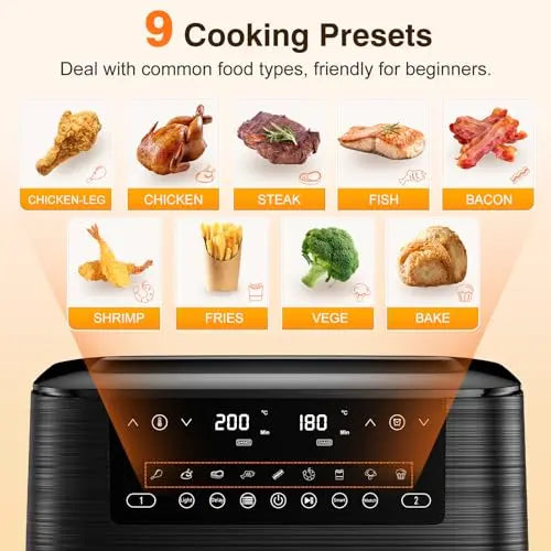 9L Dual Air Fryer with Visual Window, XL Capacity, 2 Drawers, 9-In-1 Cooking Presets, Touch Screen, Smart Finish, Timer Function, Dishwasher-Safe, Healthy Oil Free & Low Fat Cooking reviewed and rated by Make Life Easier Technologies
