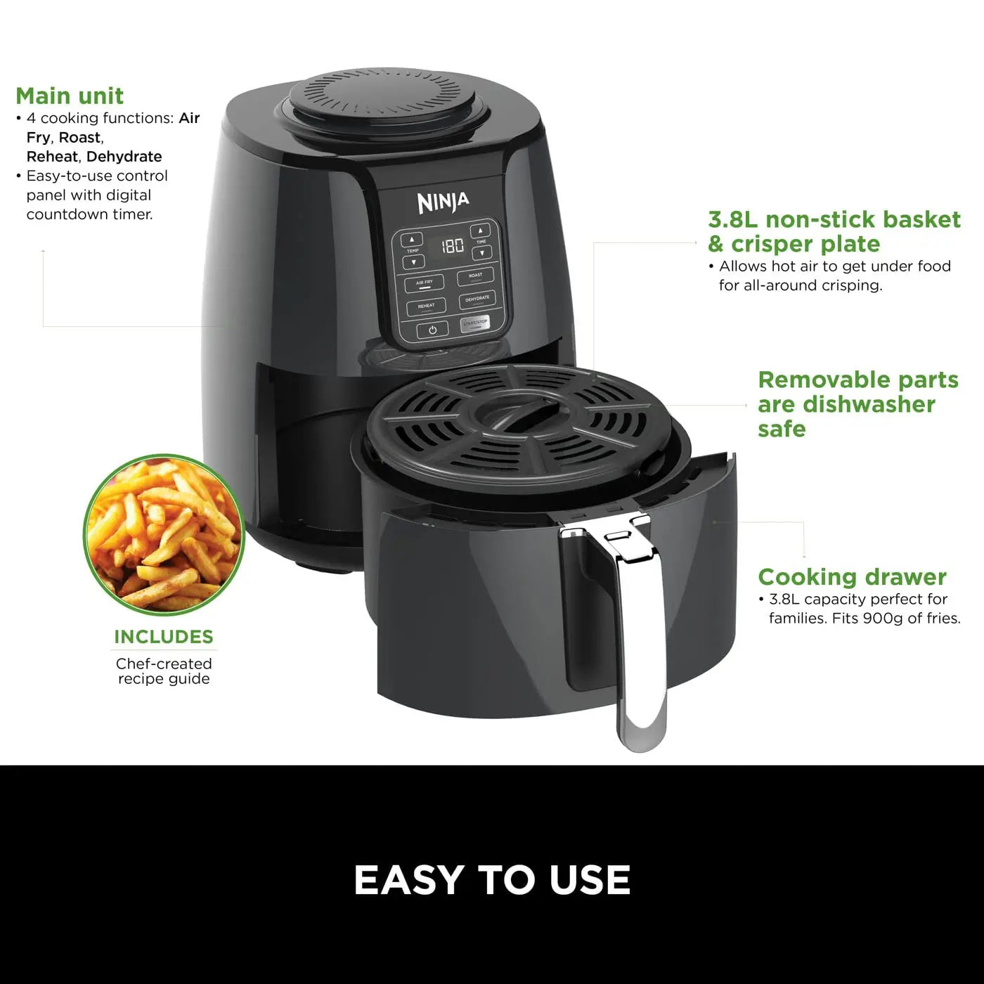 Ninja Air Fryer, 3.8L, 4-in-1, Uses No Oil, Air Fry, Roast, Reheat, Dehydrate, Non-Stick, Dishwasher Safe Basket, Cooks 2-4 Portions, Digital, Grey & Black, AF100UK reviewed and rated by Make Life Easier Technologies