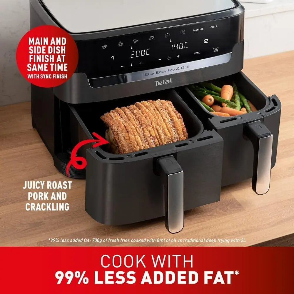 Tefal Easy Fry Dual Zone Digital Air Fryer, 2 Drawers, 8.3L, 8in1, Air Fry, Extra Crisp, Roast, Bake, Reheat, Dehydrate, 6 Portions, Non-Stick, Dishwasher Safe Baskets, Black & Metal EY901840 reviewed and rated by Make Life Easier Technologies