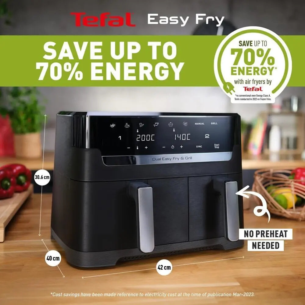 Tefal Easy Fry Dual Zone Digital Air Fryer, 2 Drawers, 8.3L, 8in1, Air Fry, Extra Crisp, Roast, Bake, Reheat, Dehydrate, 6 Portions, Non-Stick, Dishwasher Safe Baskets, Black & Metal EY901840 reviewed and rated by Make Life Easier Technologies