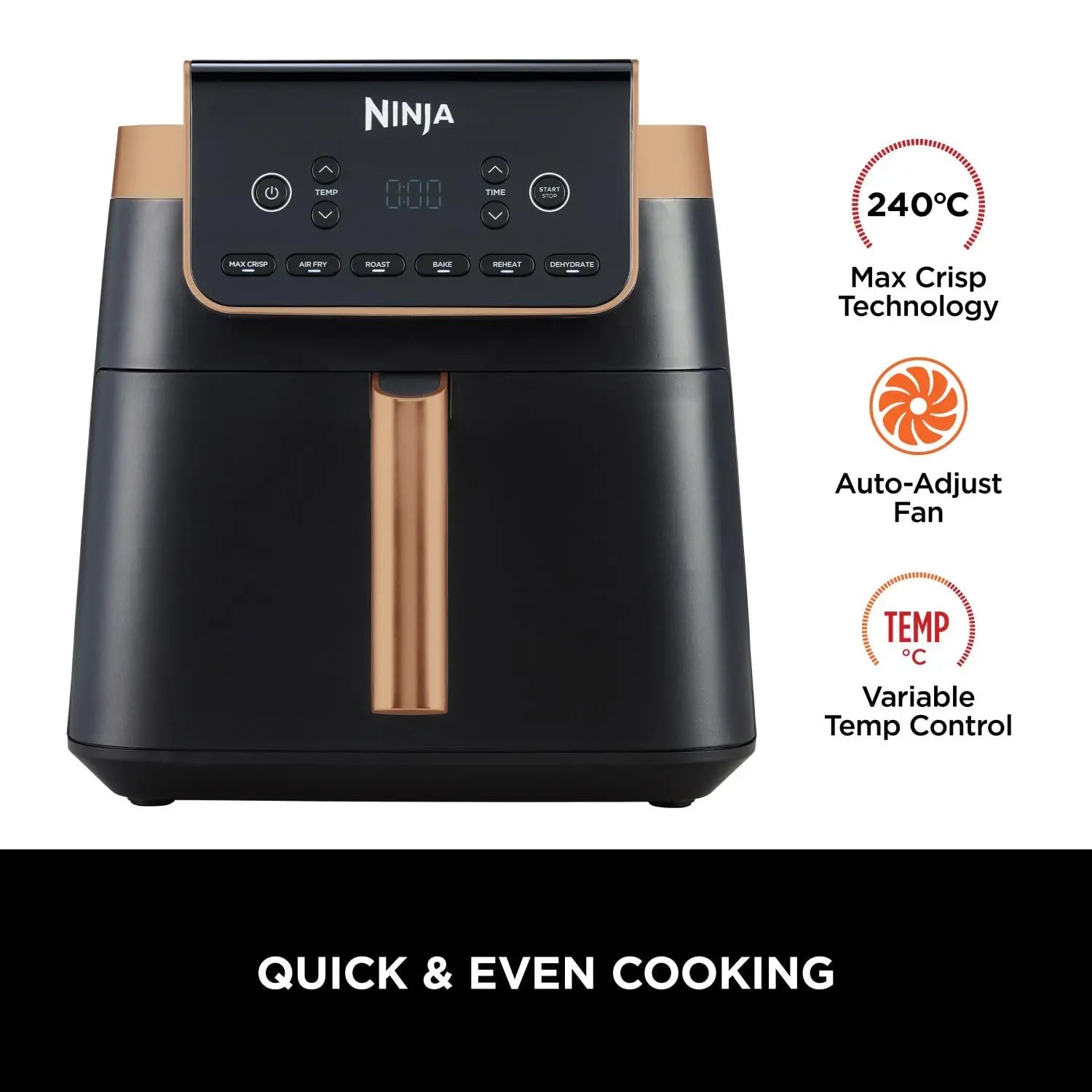 Ninja Air Fryer MAX PRO, 6.2L, Uses No Oil, Large Square Single Drawer, Roast, Bake, Air Fry, Family Size, Non-Stick, Dishwasher Safe Basket & Crisper Plate, Silicone Tongs, Black & Copper, AF180UKCP reviewed and rated by Make Life Easier Technologies
