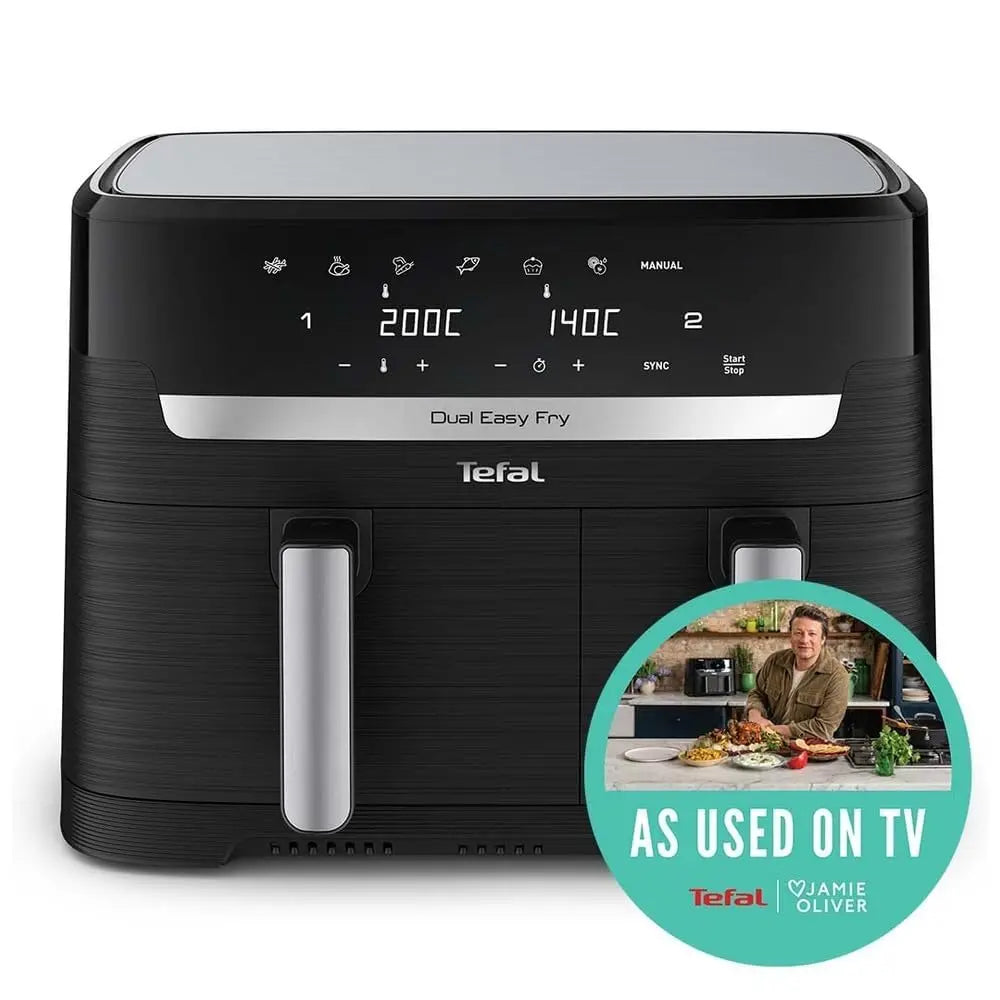 Tefal Easy Fry Dual Zone Digital Air Fryer, 2 Drawers, 8.3L, 8in1, Air Fry, Extra Crisp, Roast, Bake, Reheat, Dehydrate, 6 Portions, Non-Stick, Dishwasher Safe Baskets, Black & Metal EY901840 reviewed and rated by Make Life Easier Technologies