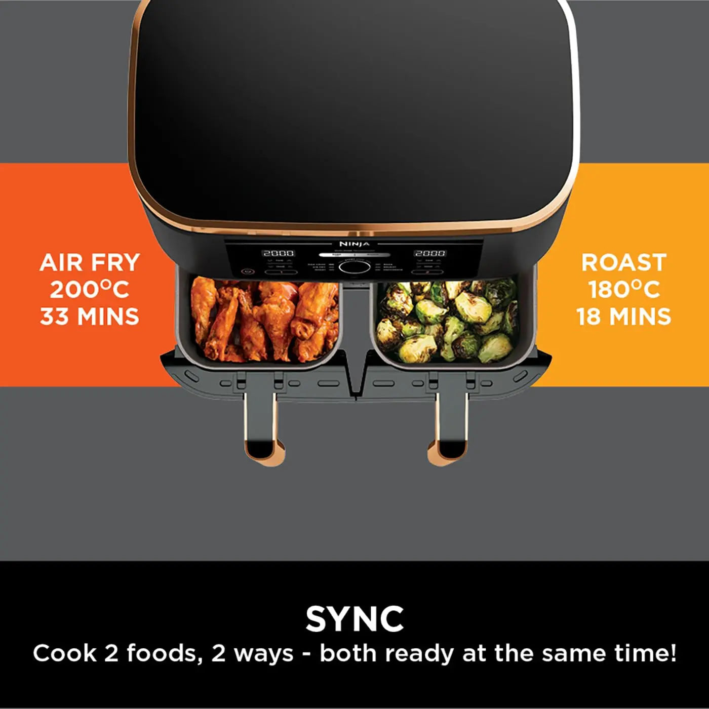Ninja Foodi MAX Dual Zone Air Fryer, Amazon Exclusive, Tongs, 2 Drawers, 9.5L, 6-in-1, Use No Oil, Air Fry, Max Crisp, Roast, Bake, 8 Portions, Nonstick Dishwasher Safe Baskets, Copper/Black AF400UKCP reviewed and rated by Make Life Easier Technologies