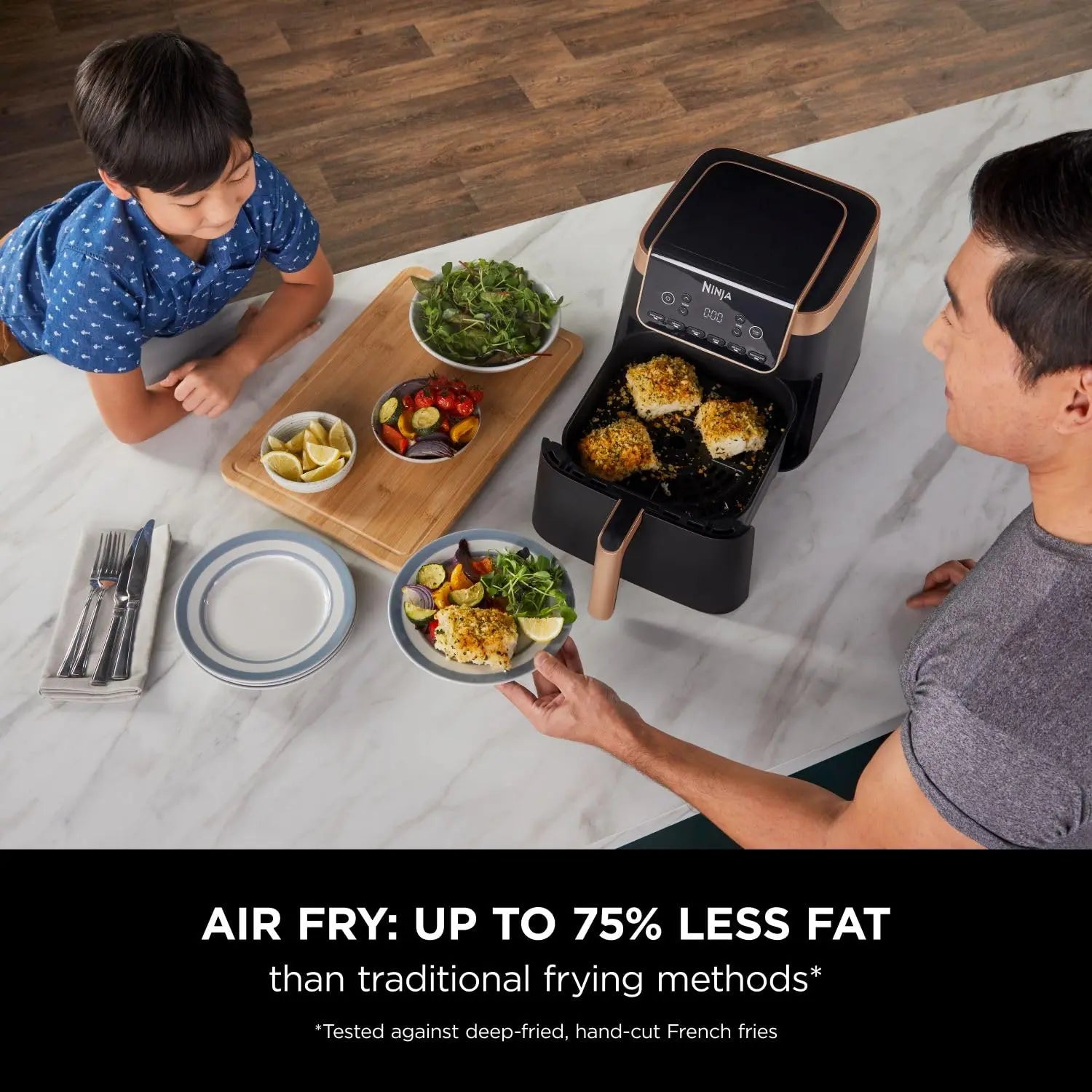 Ninja Air Fryer MAX PRO, 6.2L, Uses No Oil, Large Square Single Drawer, Roast, Bake, Air Fry, Family Size, Non-Stick, Dishwasher Safe Basket & Crisper Plate, Silicone Tongs, Black & Copper, AF180UKCP reviewed and rated by Make Life Easier Technologies