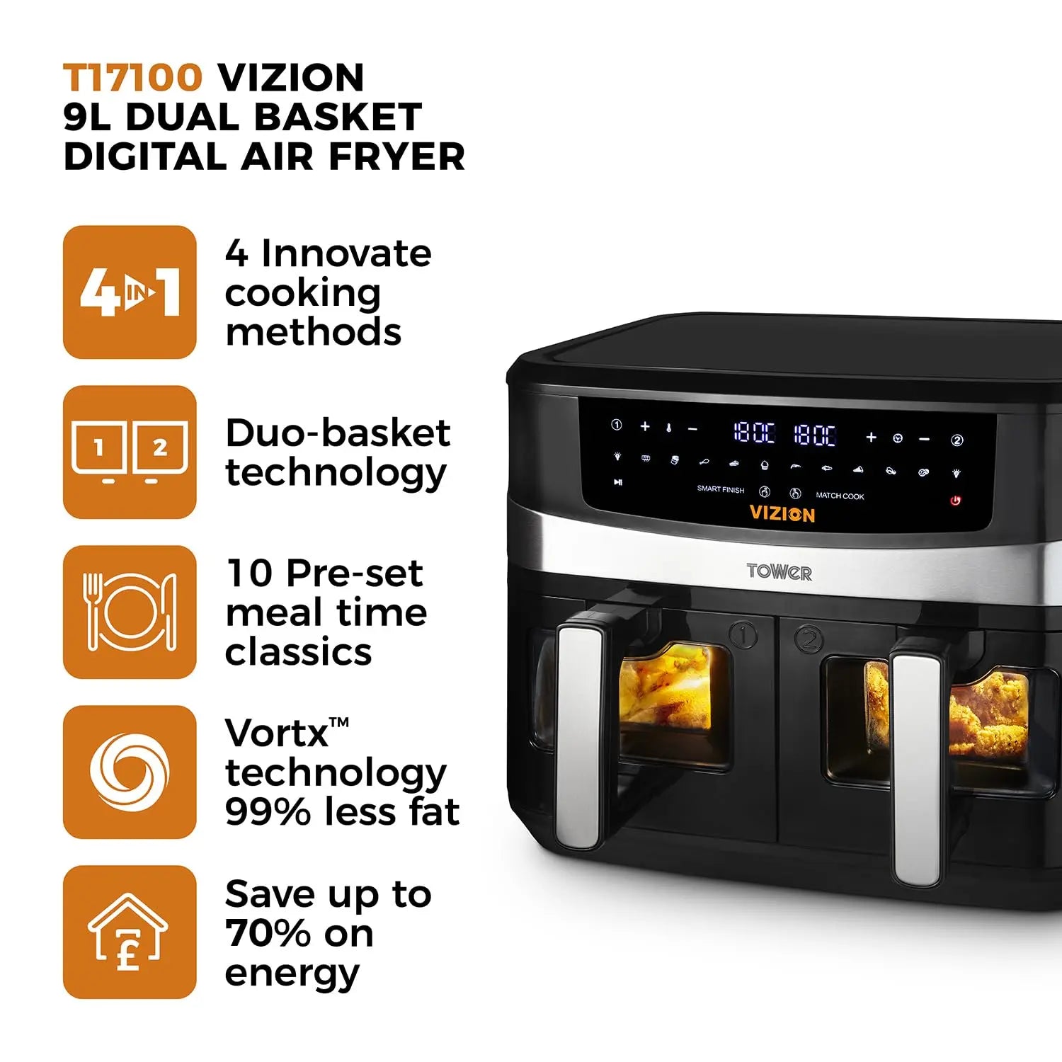 Tower, T17100, Vortx Vizion 9L Dual Basket Air Fryer with Digital control panel & 10 One-touch Pre-sets, Black reviewed and rated by Make Life Easier Technologies