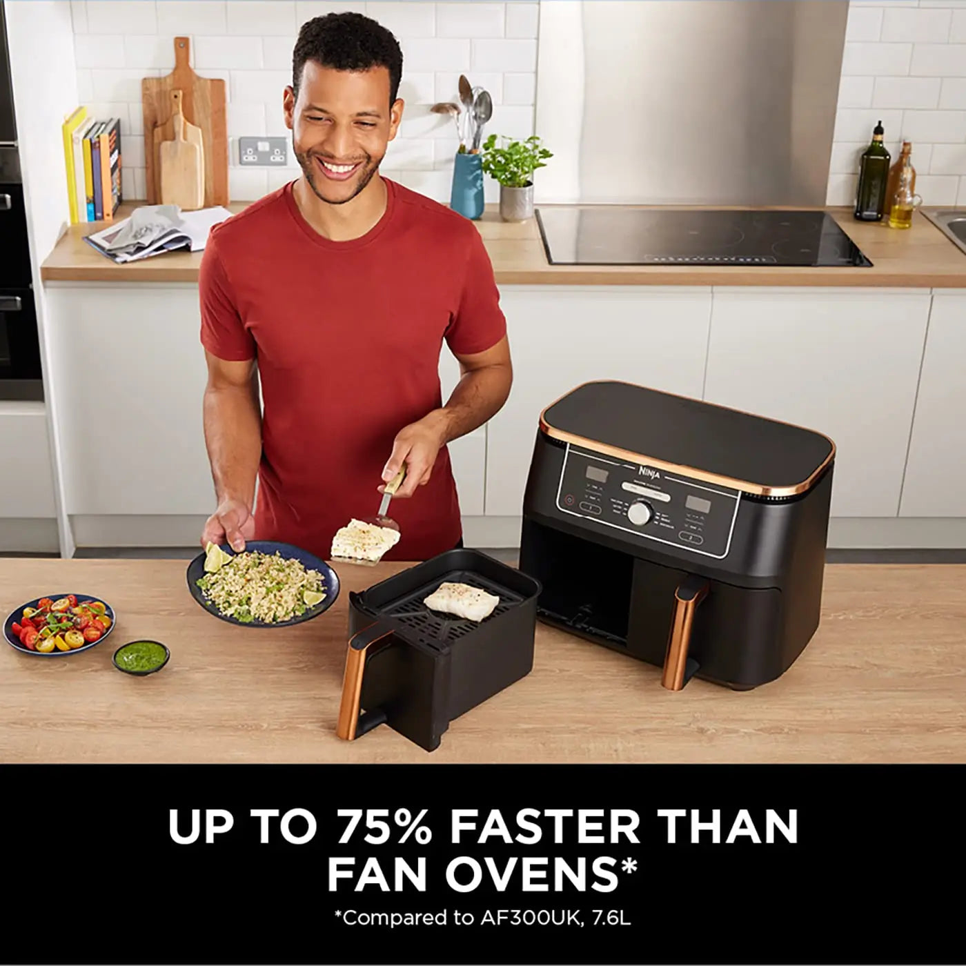 Ninja Foodi MAX Dual Zone Air Fryer, Amazon Exclusive, Tongs, 2 Drawers, 9.5L, 6-in-1, Use No Oil, Air Fry, Max Crisp, Roast, Bake, 8 Portions, Nonstick Dishwasher Safe Baskets, Copper/Black AF400UKCP reviewed and rated by Make Life Easier Technologies