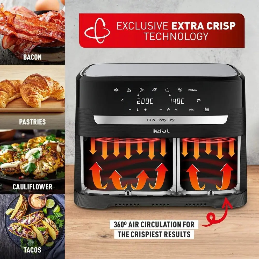 Tefal Easy Fry Dual Zone Digital Air Fryer, 2 Drawers, 8.3L, 8in1, Air Fry, Extra Crisp, Roast, Bake, Reheat, Dehydrate, 6 Portions, Non-Stick, Dishwasher Safe Baskets, Black & Metal EY901840 reviewed and rated by Make Life Easier Technologies