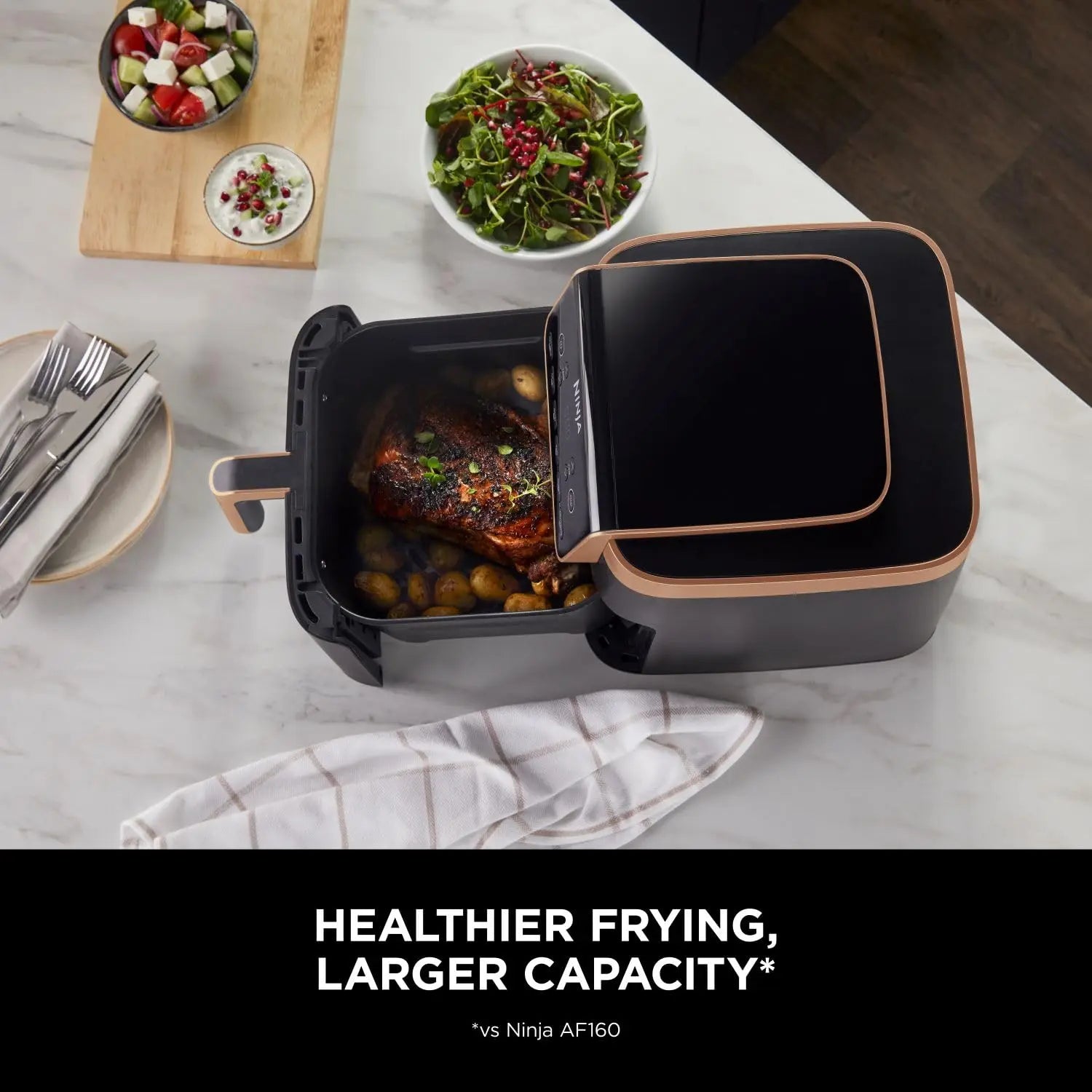 Ninja Air Fryer MAX PRO, 6.2L, Uses No Oil, Large Square Single Drawer, Roast, Bake, Air Fry, Family Size, Non-Stick, Dishwasher Safe Basket & Crisper Plate, Silicone Tongs, Black & Copper, AF180UKCP reviewed and rated by Make Life Easier Technologies