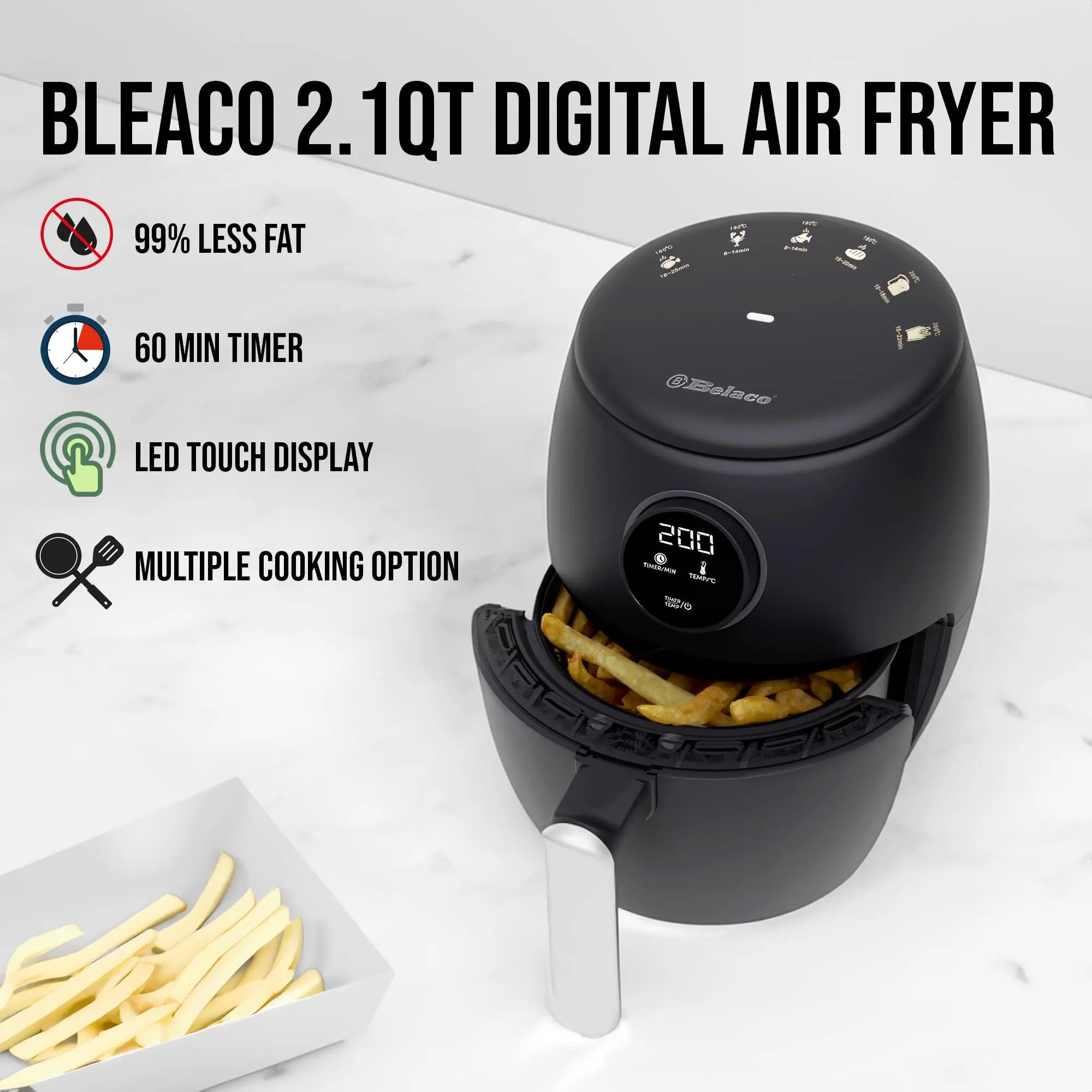 Belaco Air Fryer, 2L Digital Display, Rapid Air Circulation, Air Fryers, 60 Min Timer, Adjustable Temperature, Dishwasher Safe Basket BEL-AF-02 reviewed and rated by Make Life Easier Technologies