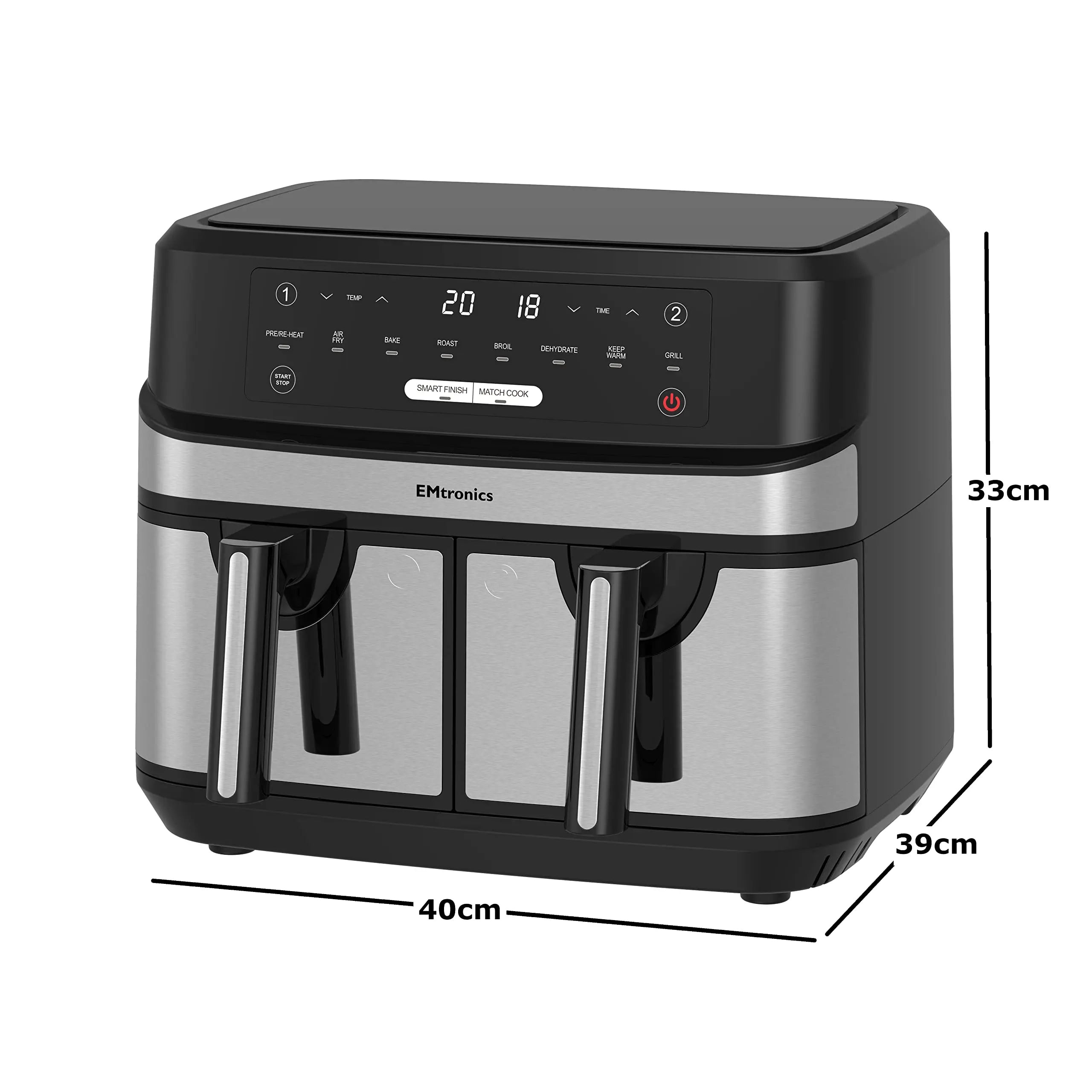 EMtronics Dual Air Fryer Extra Large Family Size Double XL 9 Litre with 8 Adjustable Pre-Set Menus for Oil Free & Low Fat Healthy Cooking, Easy Clean Metal Interior, 99-Minute Timer - Stainless Steel reviewed and rated by Make Life Easier Technologies