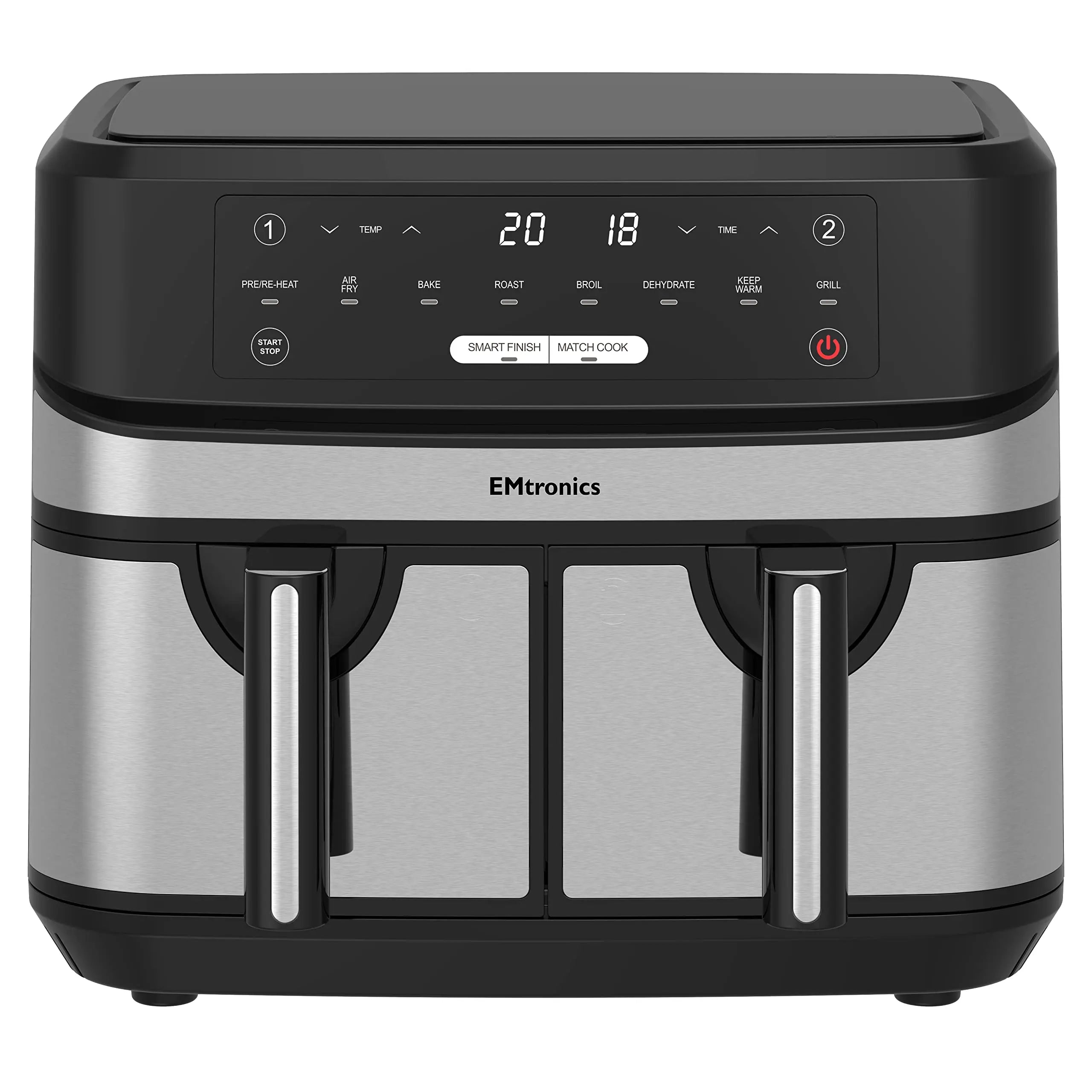 EMtronics Dual Air Fryer Extra Large Family Size Double XL 9 Litre with 8 Adjustable Pre-Set Menus for Oil Free & Low Fat Healthy Cooking, Easy Clean Metal Interior, 99-Minute Timer - Stainless Steel reviewed and rated by Make Life Easier Technologies