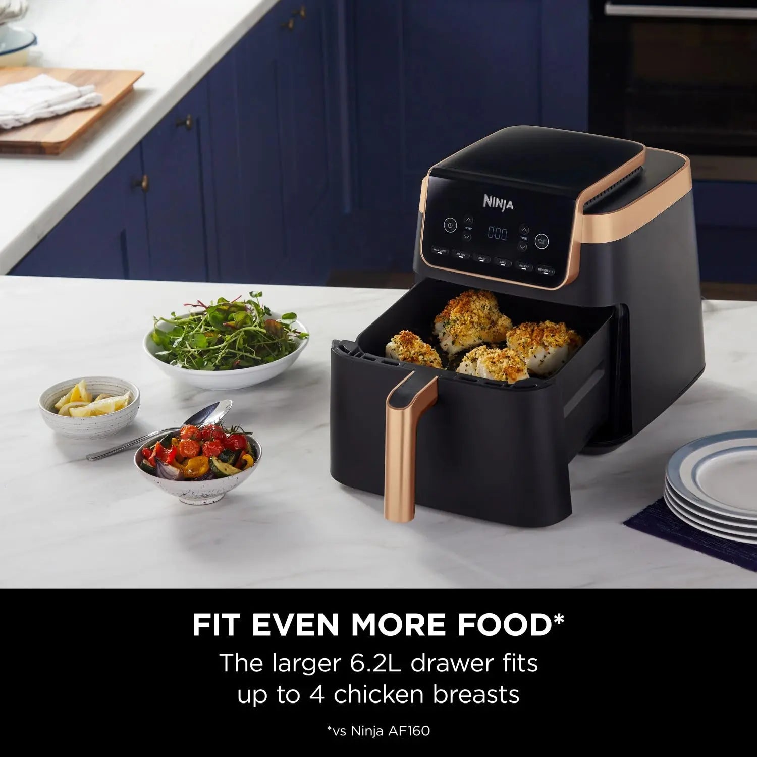 Ninja Air Fryer MAX PRO, 6.2L, Uses No Oil, Large Square Single Drawer, Roast, Bake, Air Fry, Family Size, Non-Stick, Dishwasher Safe Basket & Crisper Plate, Silicone Tongs, Black & Copper, AF180UKCP reviewed and rated by Make Life Easier Technologies