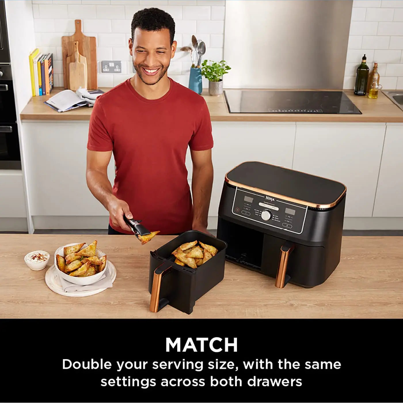 Ninja Foodi MAX Dual Zone Air Fryer, Amazon Exclusive, Tongs, 2 Drawers, 9.5L, 6-in-1, Use No Oil, Air Fry, Max Crisp, Roast, Bake, 8 Portions, Nonstick Dishwasher Safe Baskets, Copper/Black AF400UKCP reviewed and rated by Make Life Easier Technologies