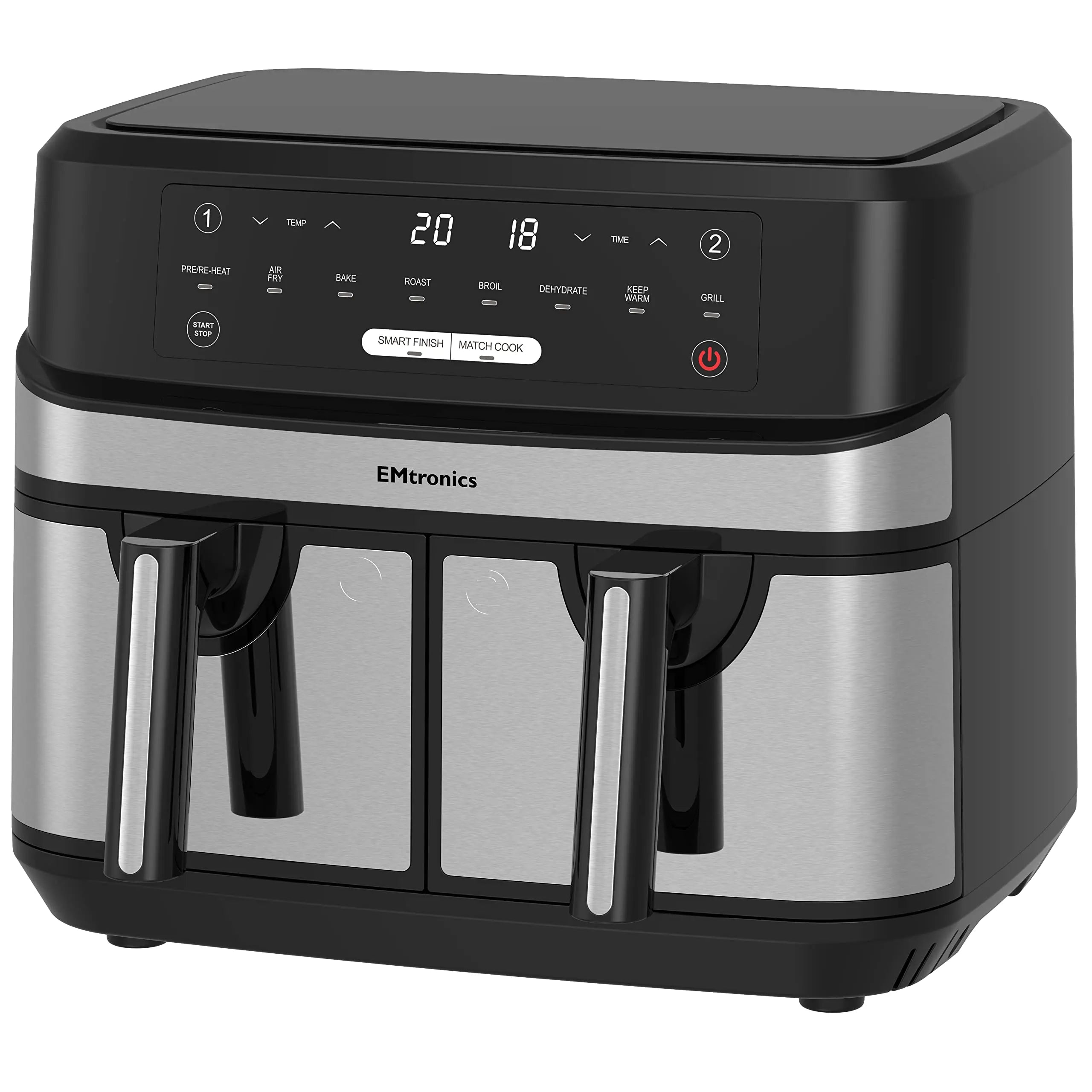 EMtronics Dual Air Fryer Extra Large Family Size Double XL 9 Litre with 8 Adjustable Pre-Set Menus for Oil Free & Low Fat Healthy Cooking, Easy Clean Metal Interior, 99-Minute Timer - Stainless Steel reviewed and rated by Make Life Easier Technologies