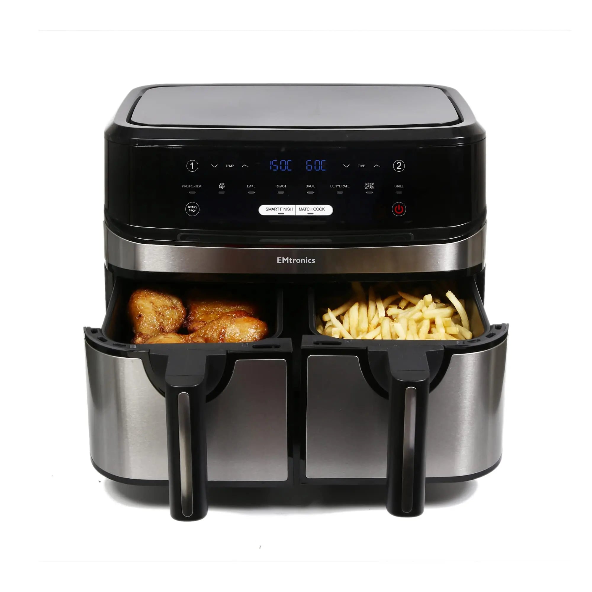 EMtronics Dual Air Fryer Extra Large Family Size Double XL 9 Litre with 8 Adjustable Pre-Set Menus for Oil Free & Low Fat Healthy Cooking, Easy Clean Metal Interior, 99-Minute Timer - Stainless Steel reviewed and rated by Make Life Easier Technologies