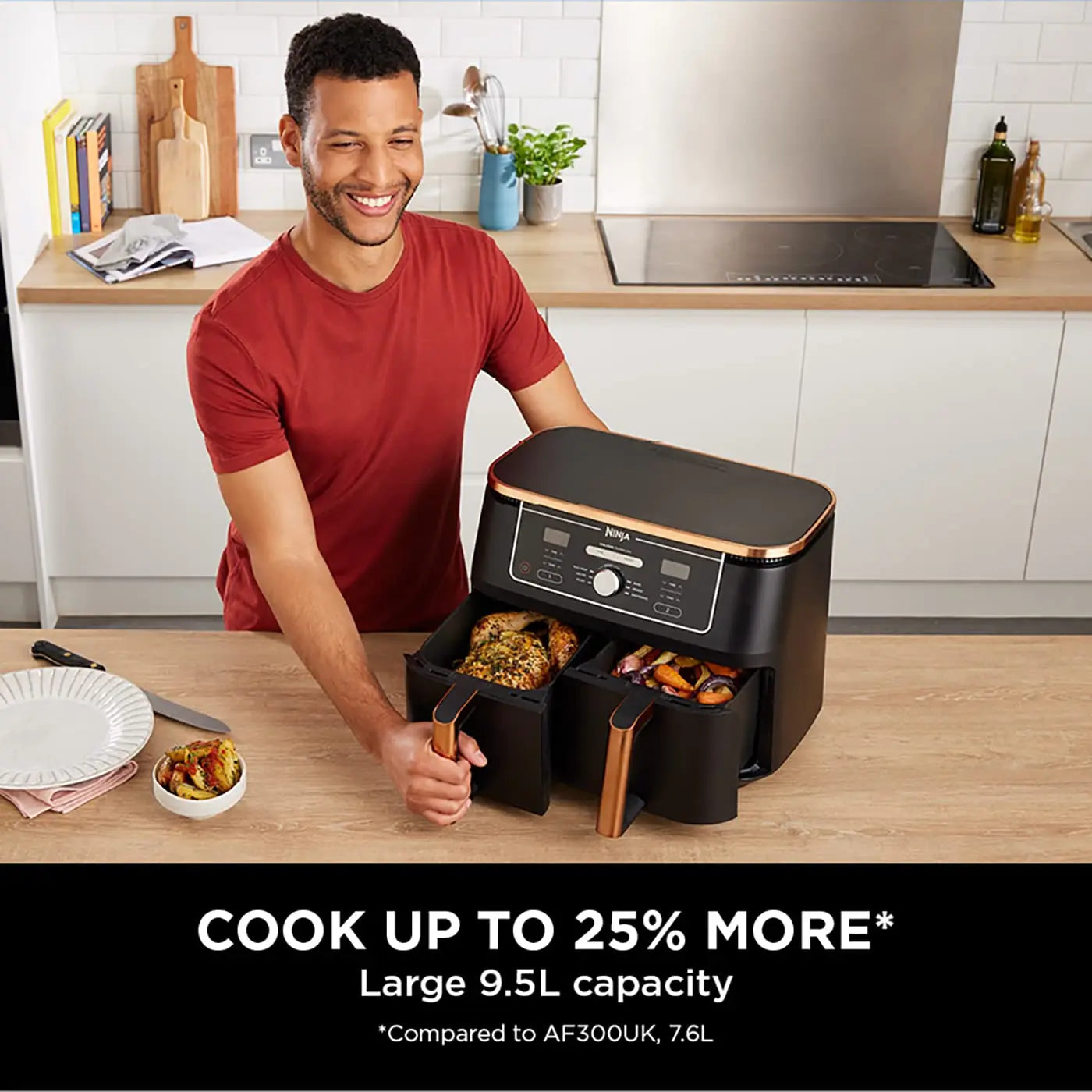 Ninja Foodi MAX Dual Zone Air Fryer, Amazon Exclusive, Tongs, 2 Drawers, 9.5L, 6-in-1, Use No Oil, Air Fry, Max Crisp, Roast, Bake, 8 Portions, Nonstick Dishwasher Safe Baskets, Copper/Black AF400UKCP reviewed and rated by Make Life Easier Technologies