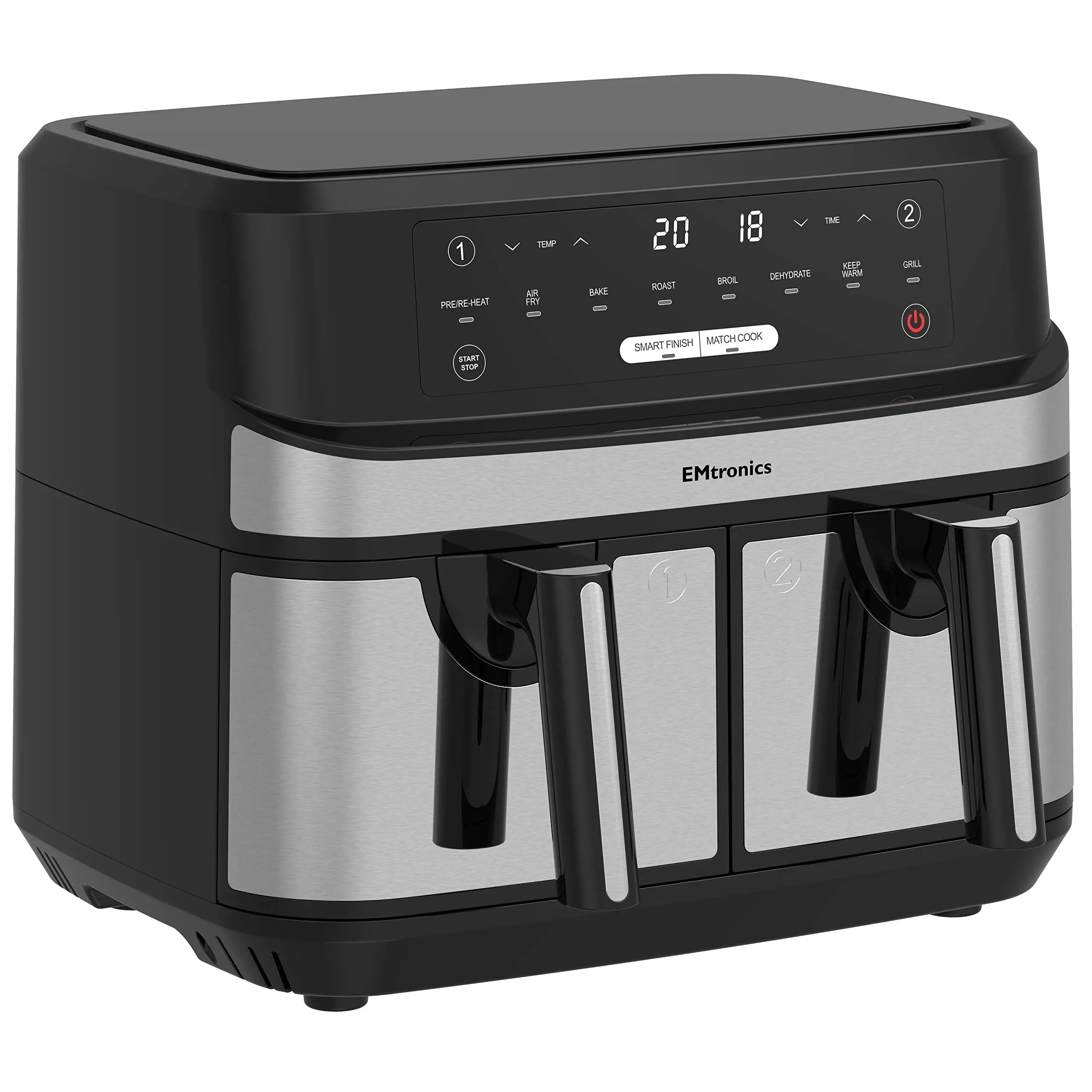 EMtronics Dual Air Fryer Extra Large Family Size Double XL 9 Litre with 8 Adjustable Pre-Set Menus for Oil Free & Low Fat Healthy Cooking, Easy Clean Metal Interior, 99-Minute Timer - Stainless Steel reviewed and rated by Make Life Easier Technologies