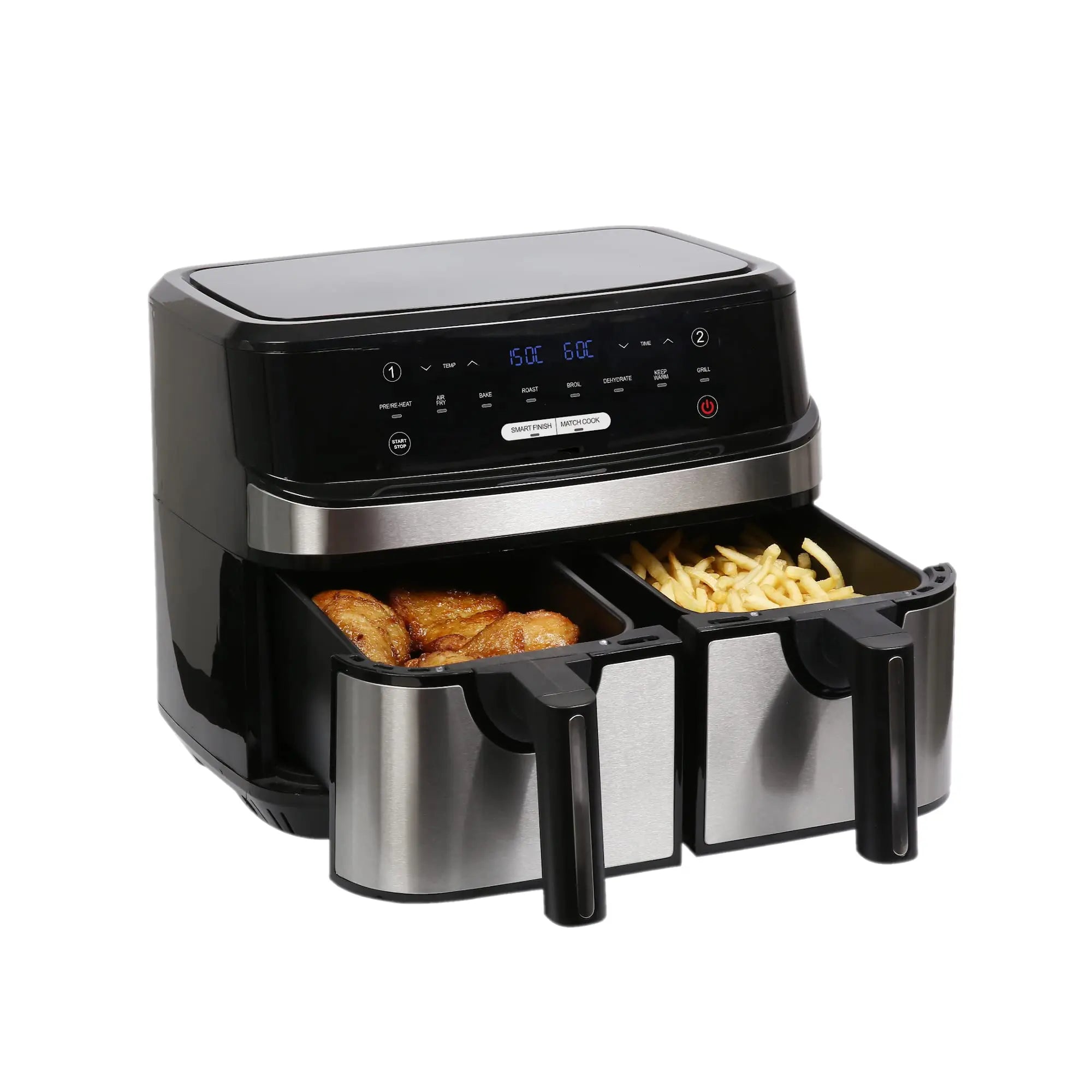 EMtronics Dual Air Fryer Extra Large Family Size Double XL 9 Litre with 8 Adjustable Pre-Set Menus for Oil Free & Low Fat Healthy Cooking, Easy Clean Metal Interior, 99-Minute Timer - Stainless Steel reviewed and rated by Make Life Easier Technologies