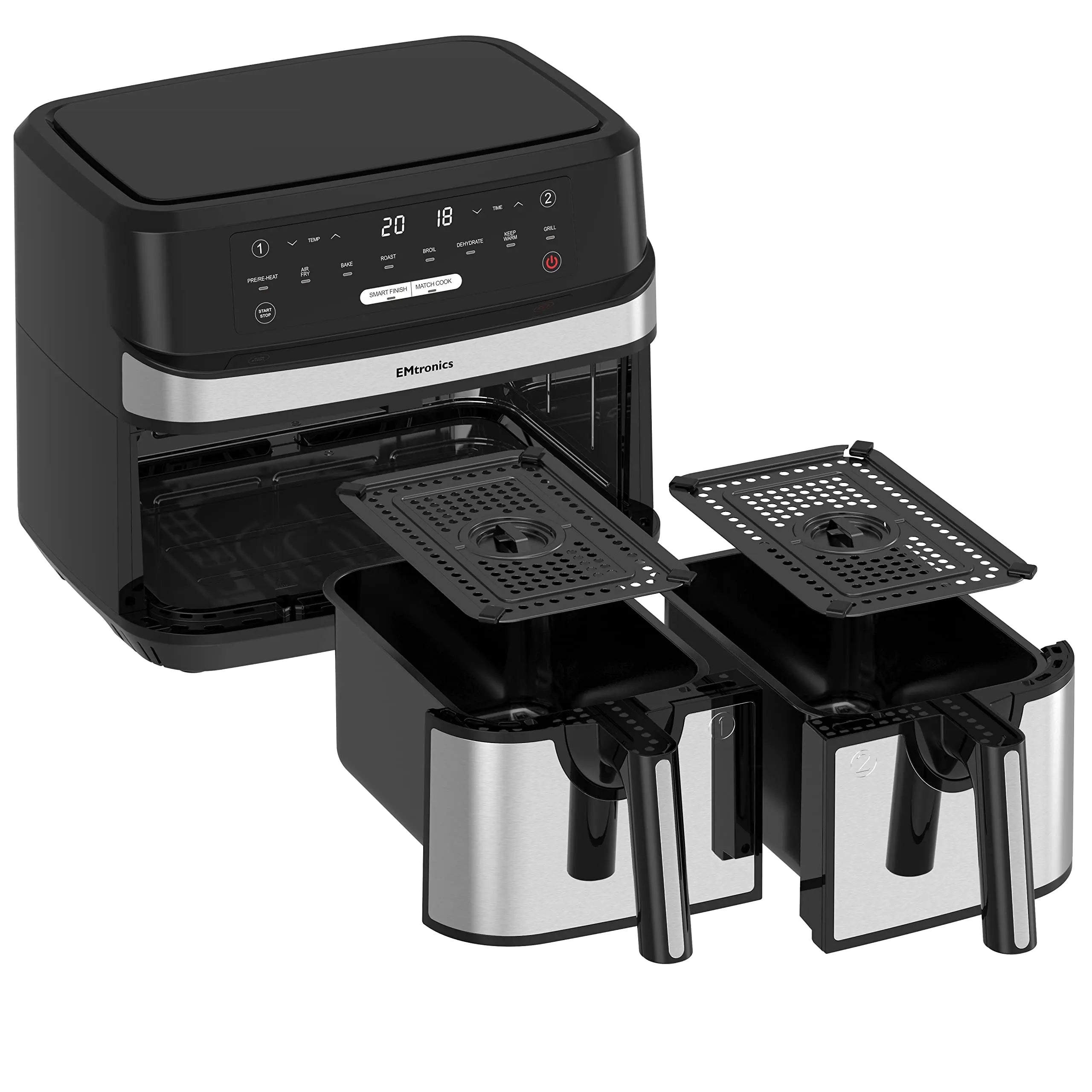 EMtronics Dual Air Fryer Extra Large Family Size Double XL 9 Litre with 8 Adjustable Pre-Set Menus for Oil Free & Low Fat Healthy Cooking, Easy Clean Metal Interior, 99-Minute Timer - Stainless Steel reviewed and rated by Make Life Easier Technologies