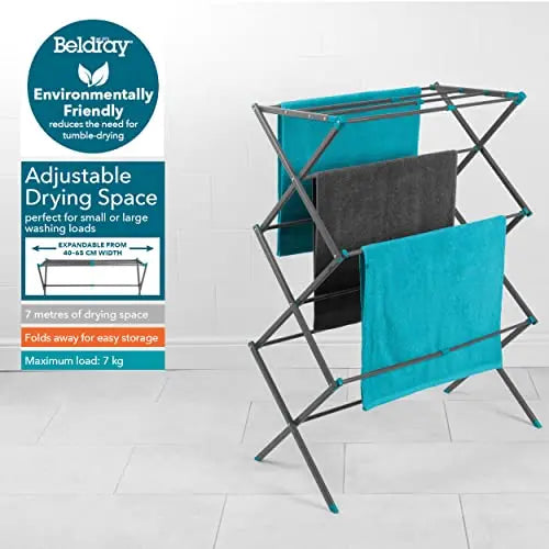 Beldray LA077615EU7 Foldable 3 Tier Airer - Laundry Drying Rack, Indoor Clothes Horse, Expandable, Compact For Convenient Storage, Air Dry Washing, 7 Metres of Dryer Space, Steel, Turquoise/Grey reviewed and rated by Make Life Easier Technologies