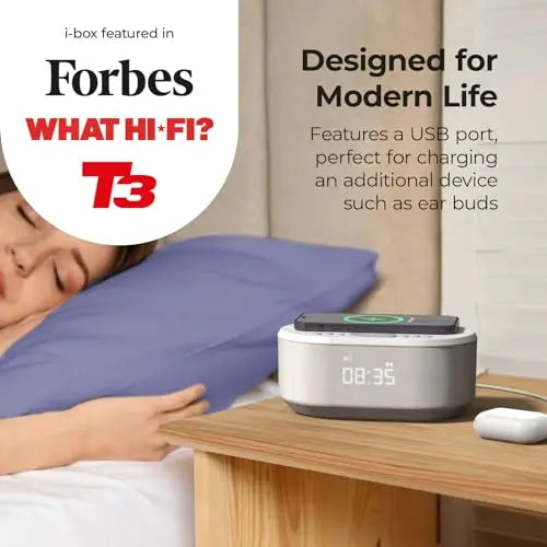 i-box Alarm Clocks Bedside, Alarm Clock with Wireless Charging, Bluetooth Speaker, Radio Alarm Clock, Fast Qi Wireless Charger, Mains Powered, FM Radio, USB Charging Port, Dimmable, Non Ticking reviewed and rated by Make Life Easier Technologies