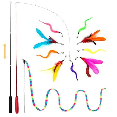 FYNIGO Cat Feather Toys,Interactive Cat Toys for Indoor Cats Adult Kitten,2 Retractable Cat Teaser Wand and 1 Cat Rainbow String Wand with 9 Refills and 2 Spare Hook(14 Pack) reviewed and rated by Make Life Easier Technologies
