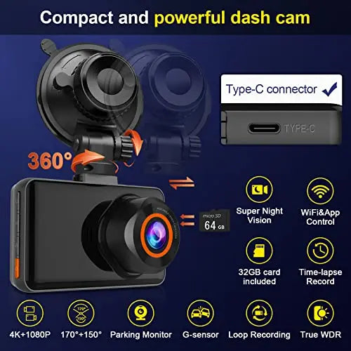 Dash Cam Front and Rear, 4K Dash Camera for Cars Built-in WiFi and Free 64GB TF Card 3" LCD Dual Dashboard Camera Driving Recorder with 170°Wide Angle, WDR, Night Vision, 24h Parking Monitor reviewed and rated by Make Life Easier Technologies