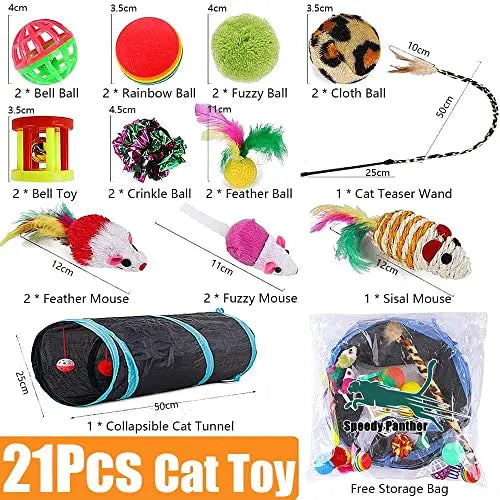 Speedy Panther 21 Pcs Cat Toys for Indoor Cats Collapsible Cat Tunnel Interactive Feather Teaser Wand Ball Toy for Kitten Cats reviewed and rated by  Make Life Easier Technologies